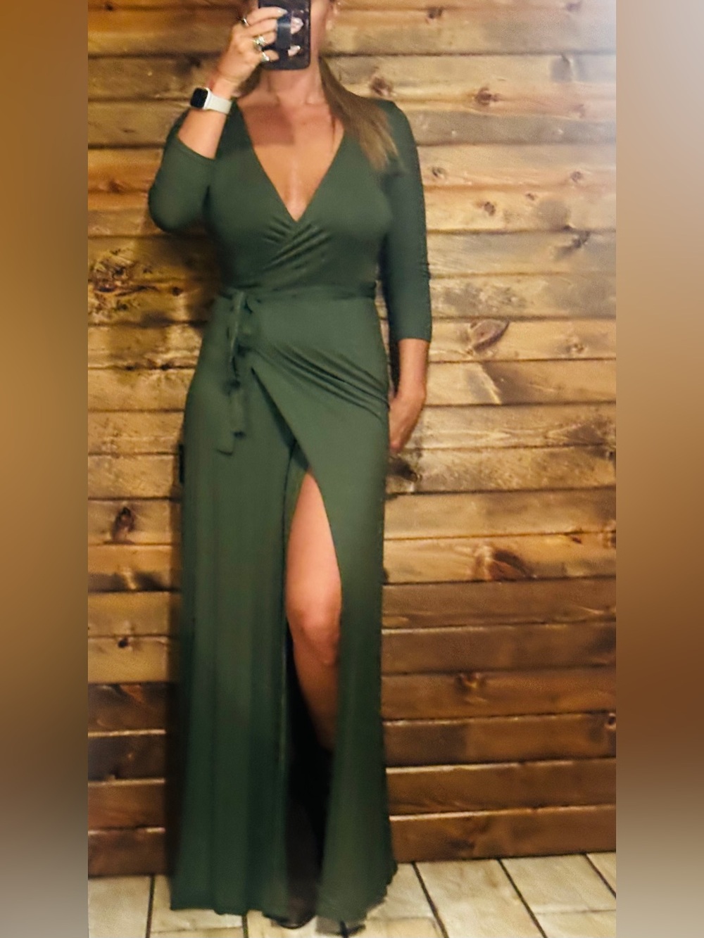 Lulu's Deep V Green Wrap Maxi Wrap Dress with Thigh Slit Size Medium